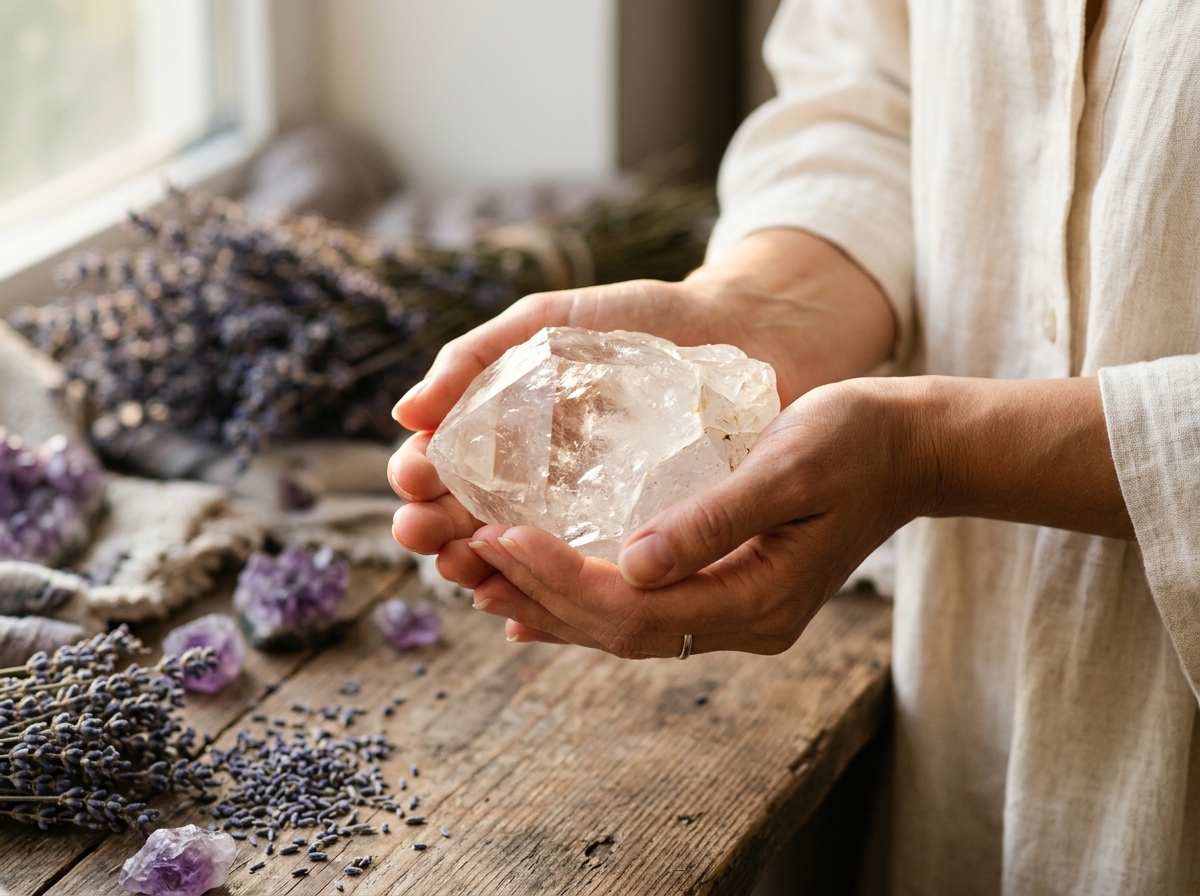 Acolhimento com cristal de quartzo e lavanda